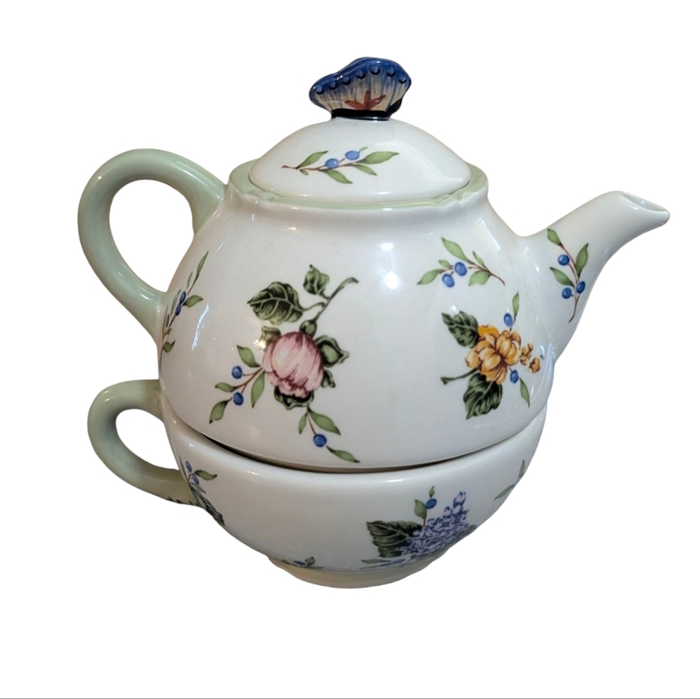 Princess House Exclusive Teapot & Cup,  Botanical Butterfly Garden Teapot